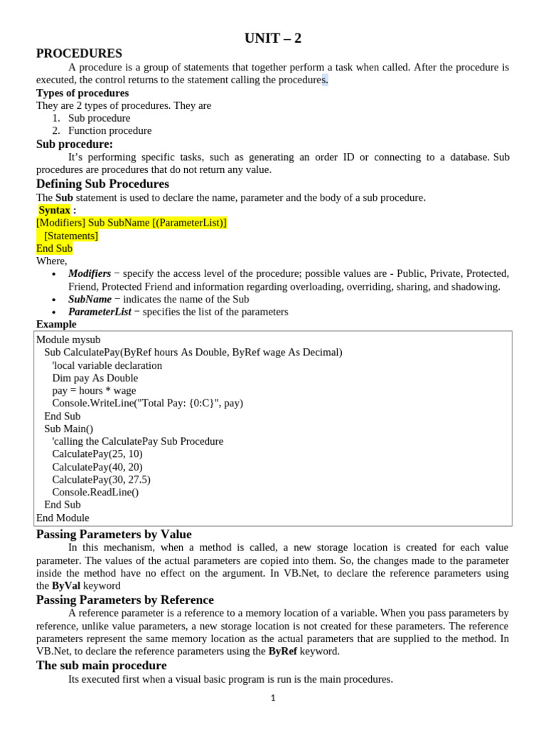 Understanding VB.Net Procedures and Functions | PDF | Constructor ...