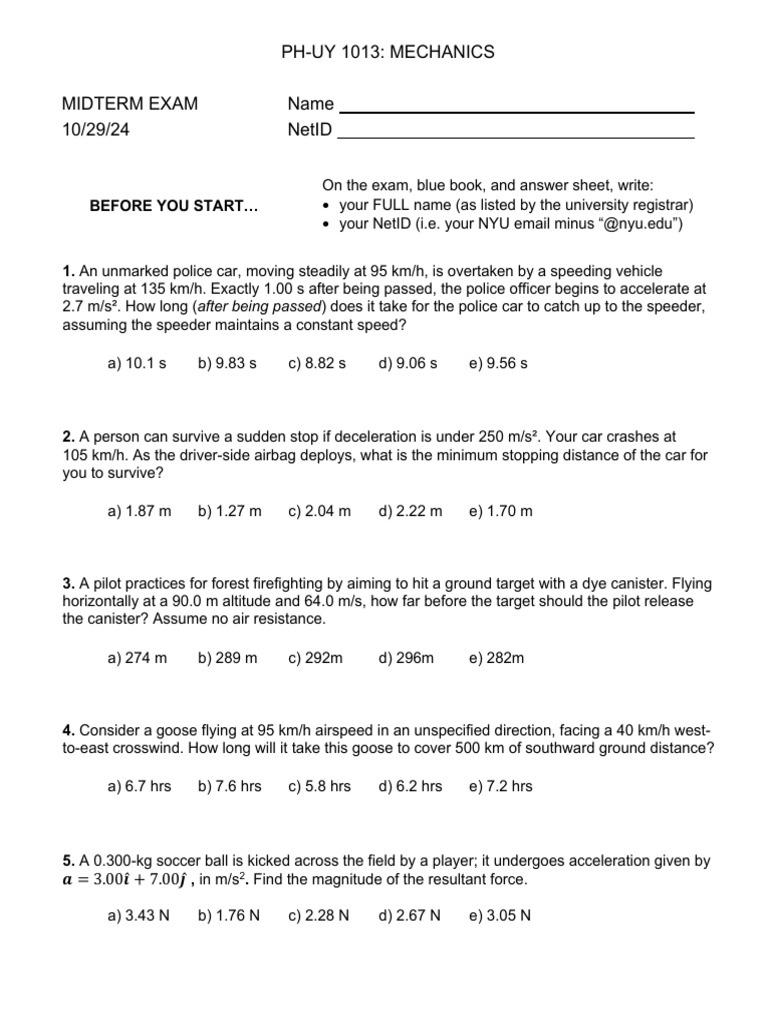 Ph-Uy 1013: Mechanics Midterm Exam Name 10/29/24 Netid: Before You ...