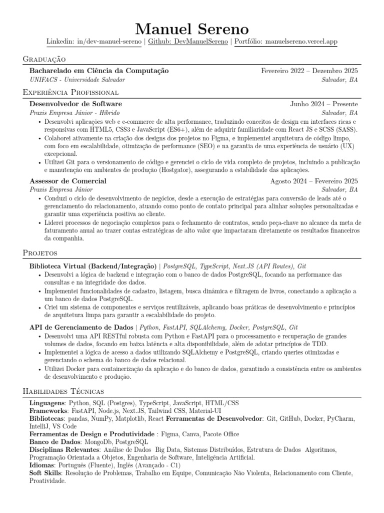 Manuel Sereno: Desenvolvedor de Software | PDF | Postgre SQL | Bancos ...