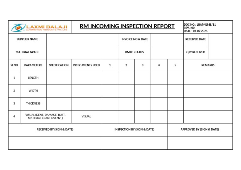 RM Incoming Inspection Report Template | PDF