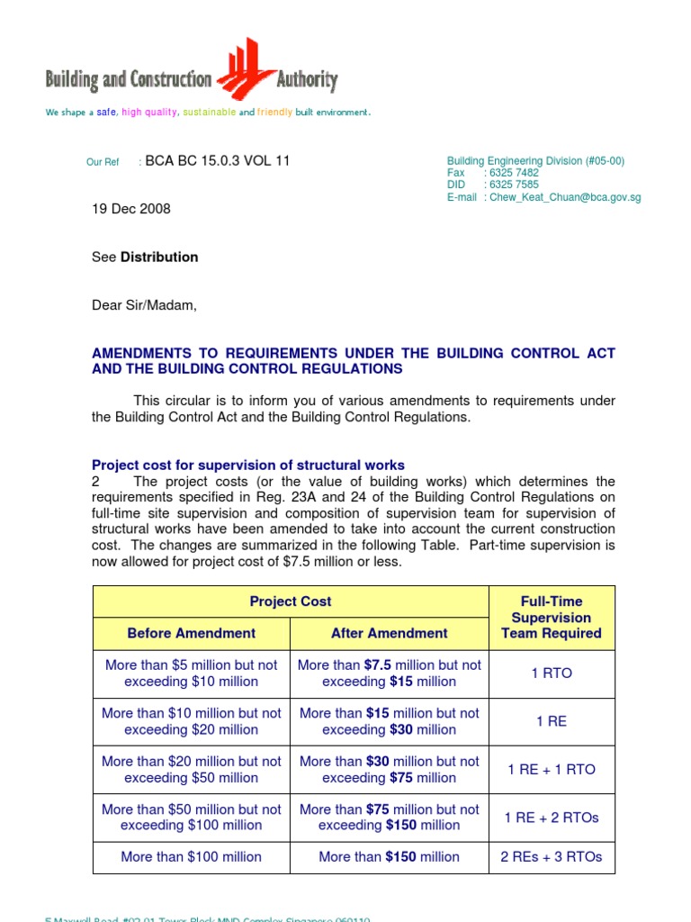 Bc Act and Reg Amendments Circular 19dec08 Singapore Engineering