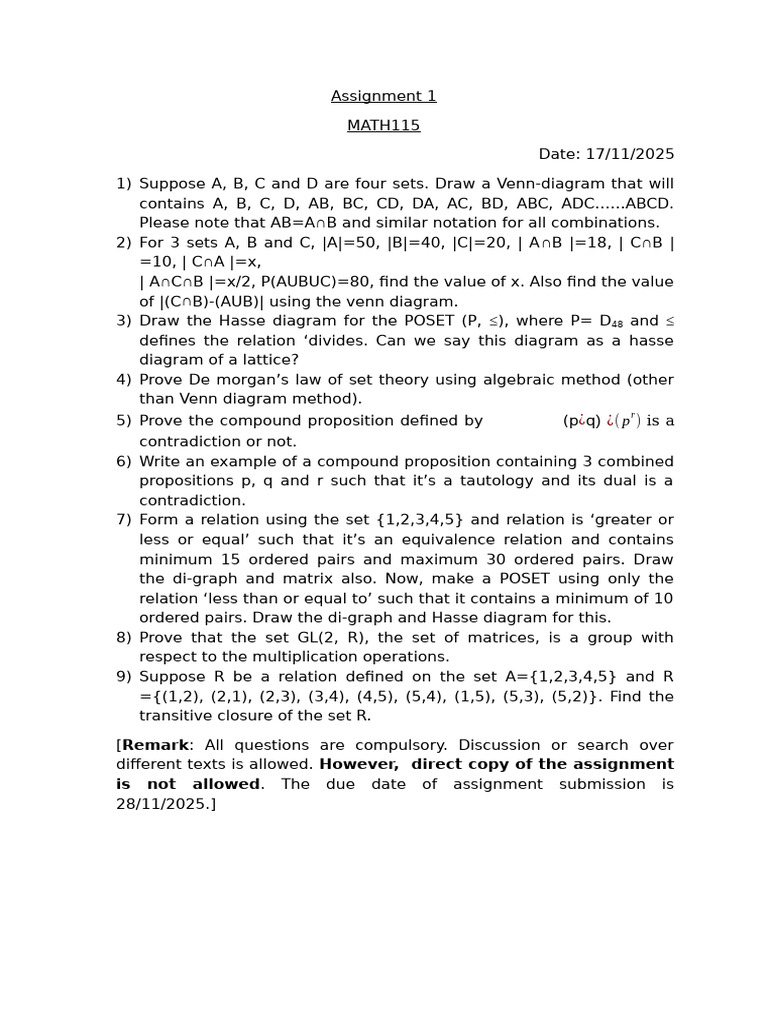 Math Assignment on Set Theory Concepts | PDF