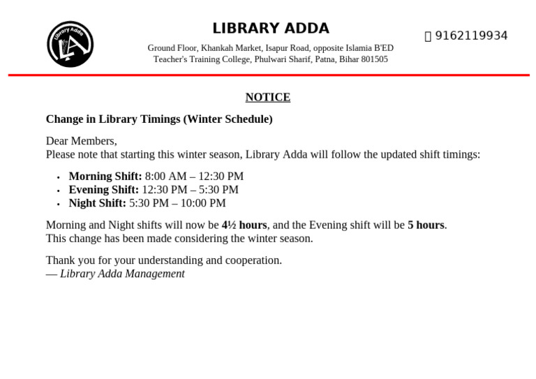 Library Adda Winter Hours Update | PDF