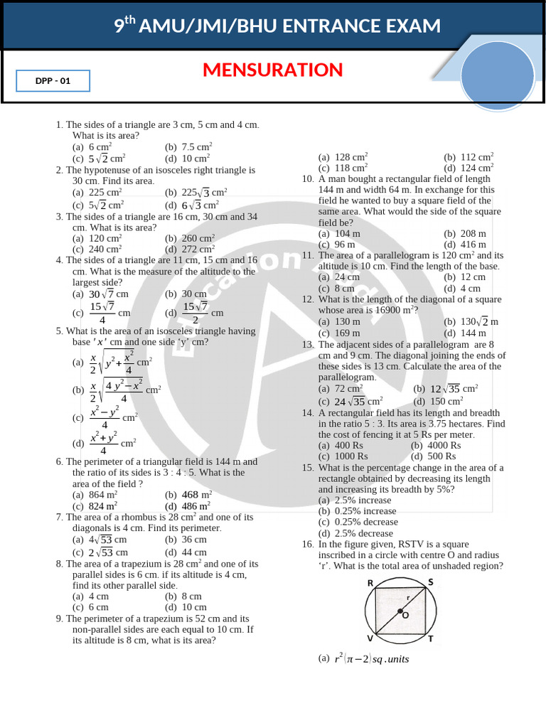 Mensuration - Practice Sheet 01 | PDF | Area | Rectangle