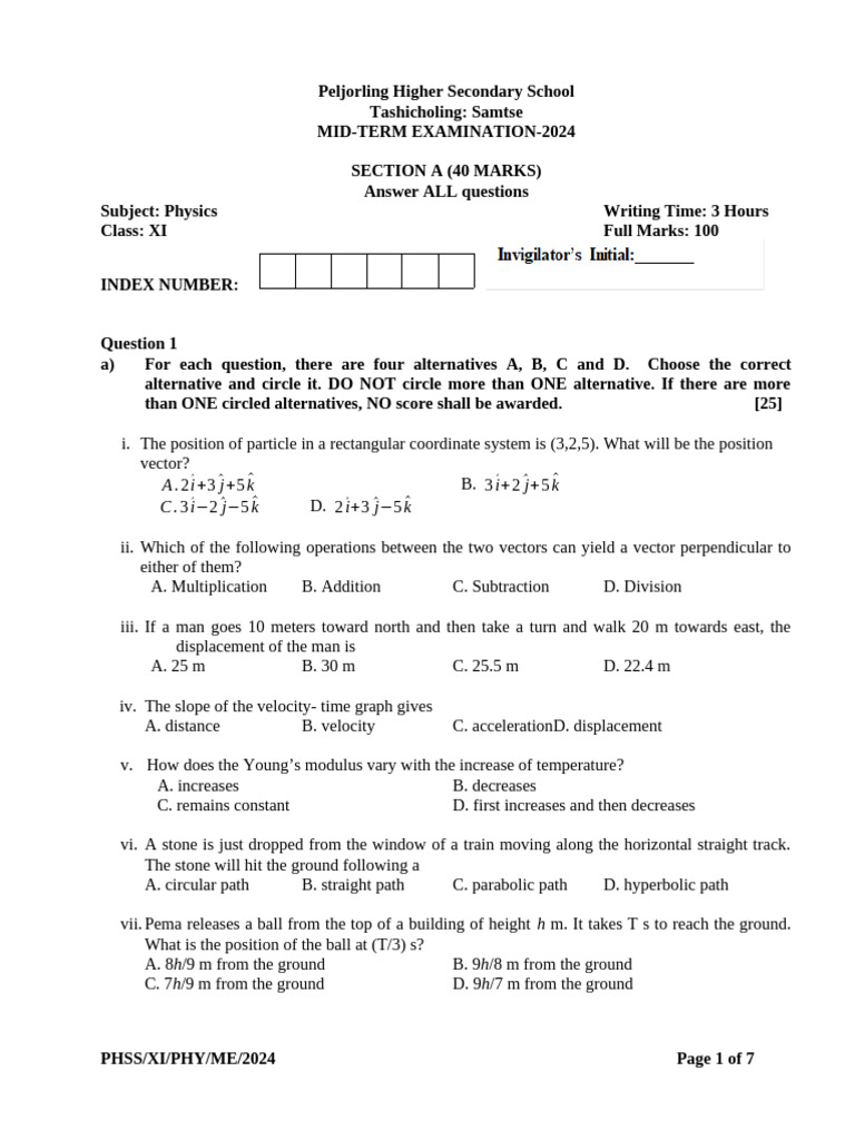 Physics Mid-Term Exam 2024 - Class XI | PDF | Force | Acceleration
