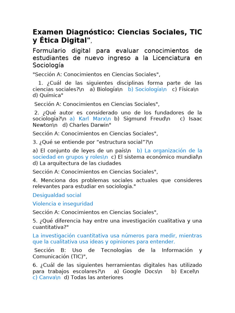 Examen Diagnóstico en Ciencias Sociales y TIC | PDF | Internet ...