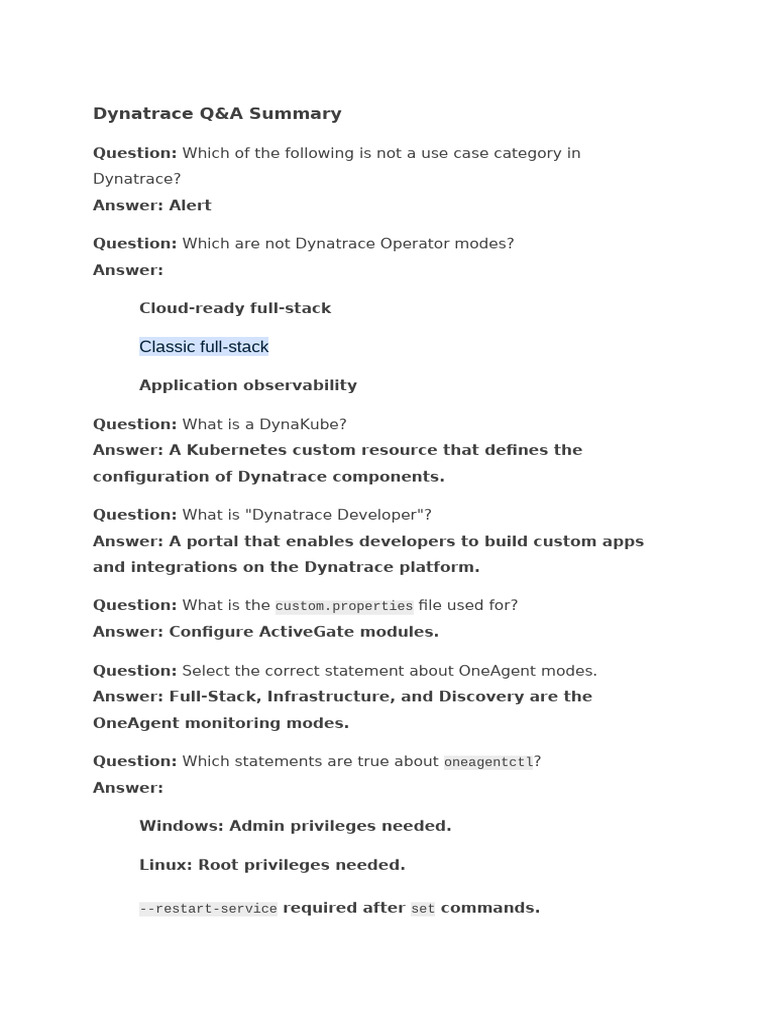 Dynatrace Q&A Summary: Classic Full-Stack | PDF