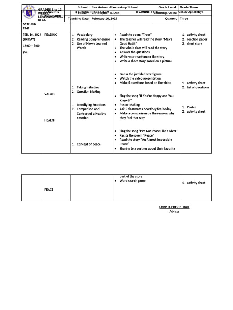Catch Up Fridays Weekly Plan Grade 3 (Feb. 16, 2024) | PDF ...