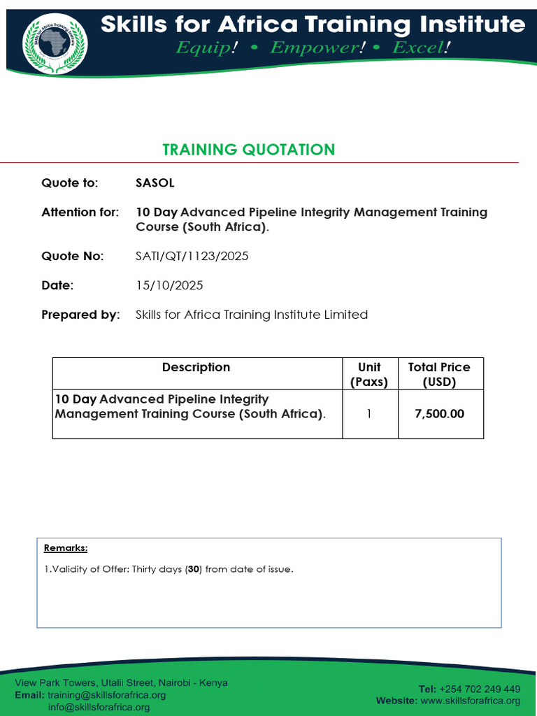 TRAINING QUOTATION - Sasol - Advanced Pipeline Integrity Management ...