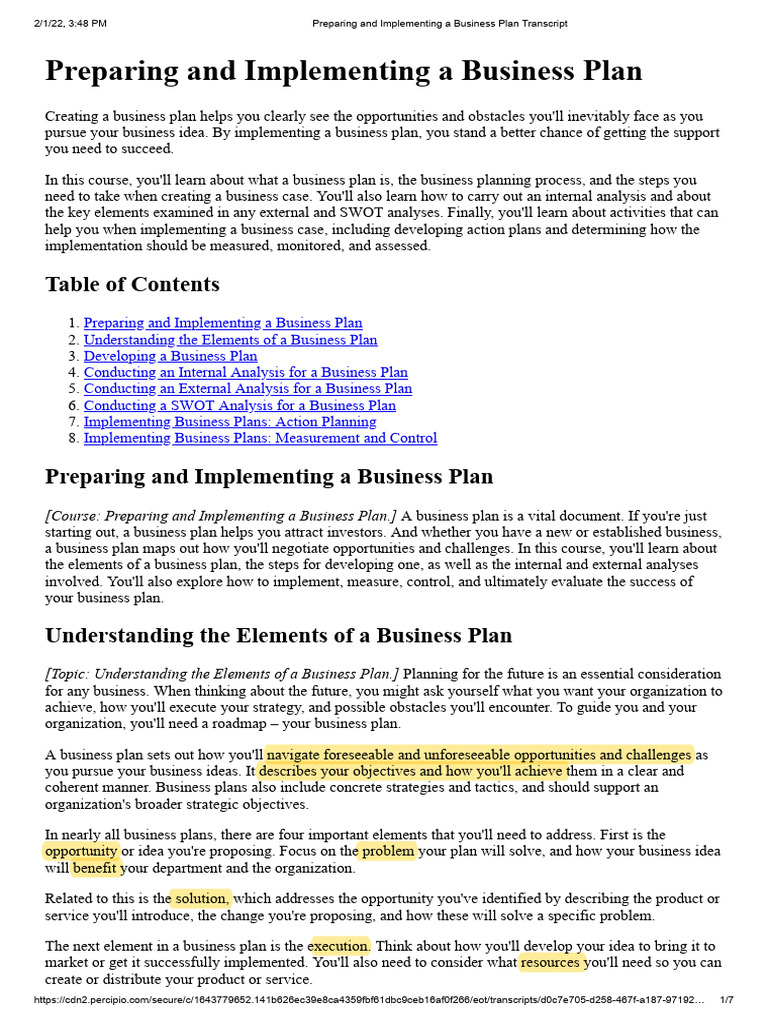 Preparing and Implementing A Business Plan Transcript | PDF | Swot ...