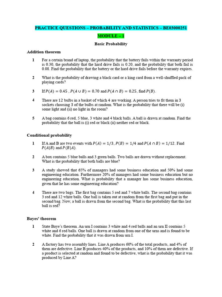 Probability and Statistics Practice Questions | PDF | Probability ...