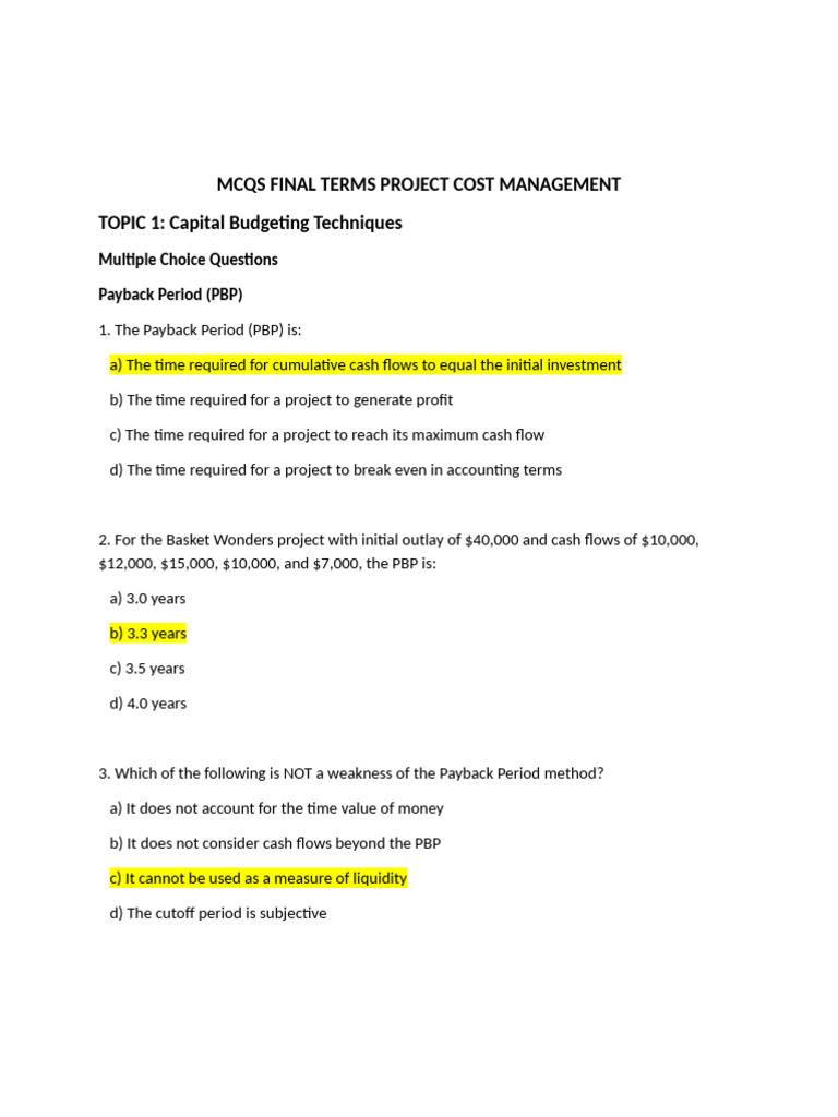 Capital Budgeting MCQs for Project Management | PDF | Internal Rate Of ...