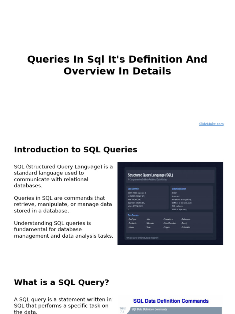 Queries in SQL It's Definition and Overview in Details | PDF