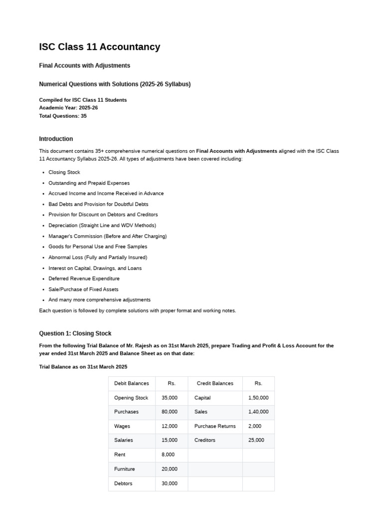 ISC Class 11 Final Accounts Questions | PDF | Debits And Credits | Bad Debt