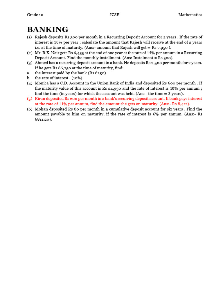 Grade 10 ICSE Math: Banking & Shares | PDF | Circle | Factorization