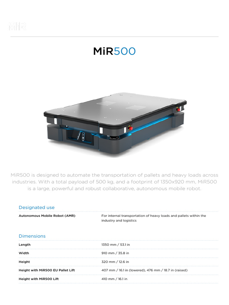 MiR500: Heavy Load Autonomous Robot | PDF | Battery Charger | Wi Fi