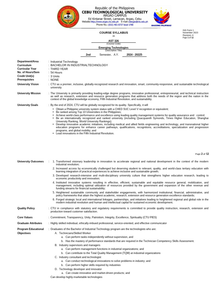 AST 326 Course Syllabus: Emerging Technologies | PDF | Artificial ...