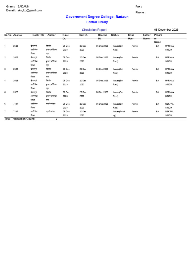 Badaun College Library Circulation Report | PDF
