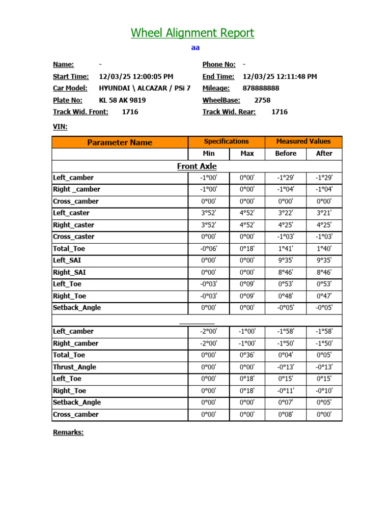 Hyundai Alcazar Wheel Alignment Report | PDF | Vehicles | Wheeled Vehicles