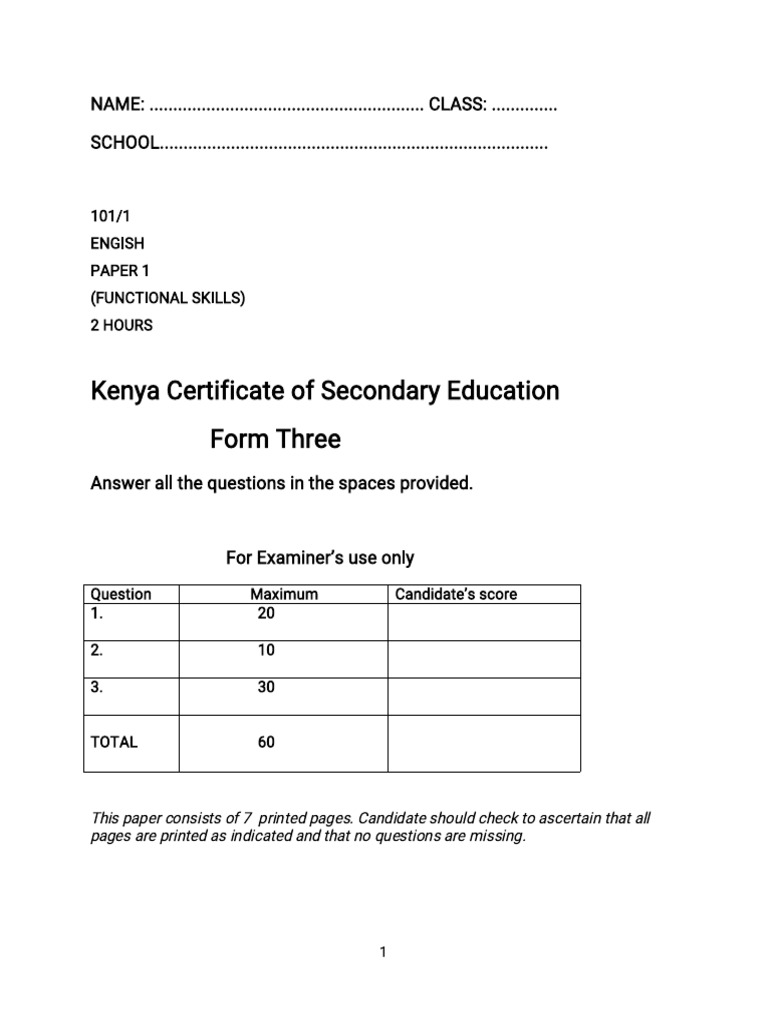 KCSE Form Three English Paper 1 | PDF