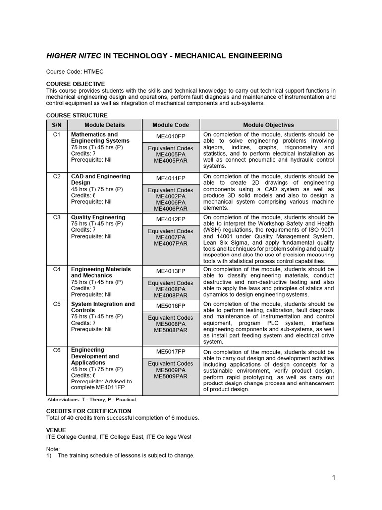 Higher Nitec in Mechanical Engineering | PDF | Engineering | Mechanical ...