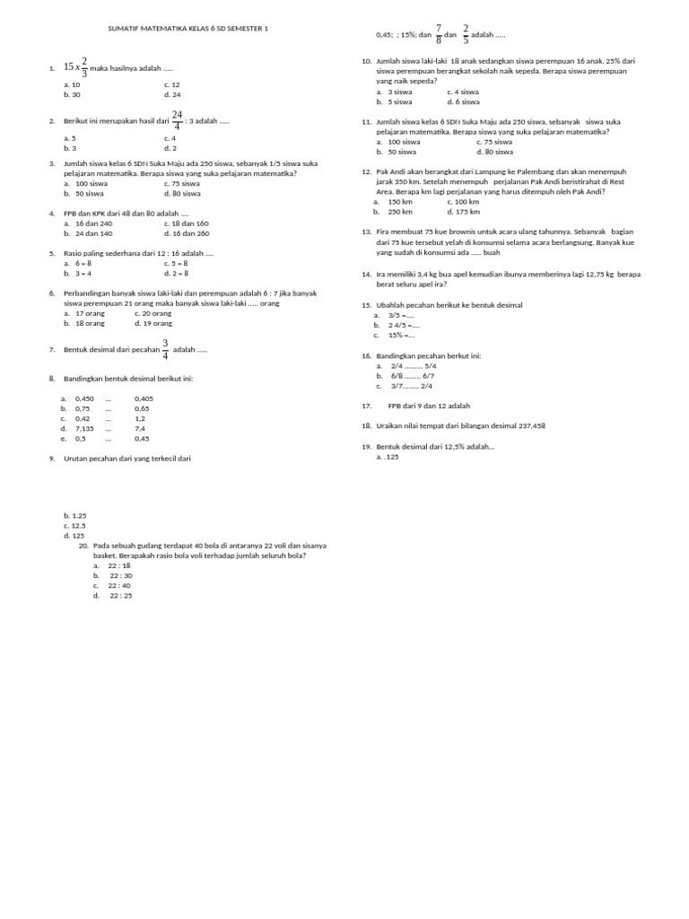 Soal Matematika Kelas 6 SD Semester 1 | PDF