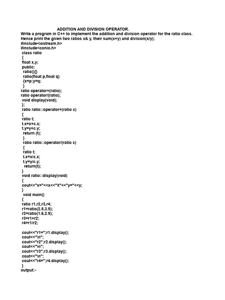 C++ Ratio Class: Add & Divide Operators | PDF