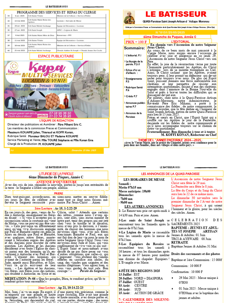 Programme des services religieux 2025 | PDF | Paludisme | Baptisme