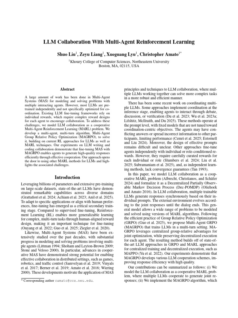 LLM Collaboration via MARL Techniques | PDF | Computing | Learning