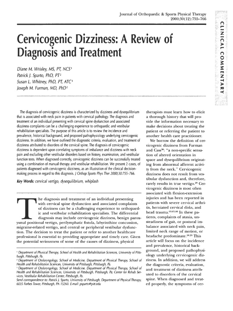 Cervicogenic Dizziness: Diagnosis & Treatment | PDF | Vertigo | Nervous ...