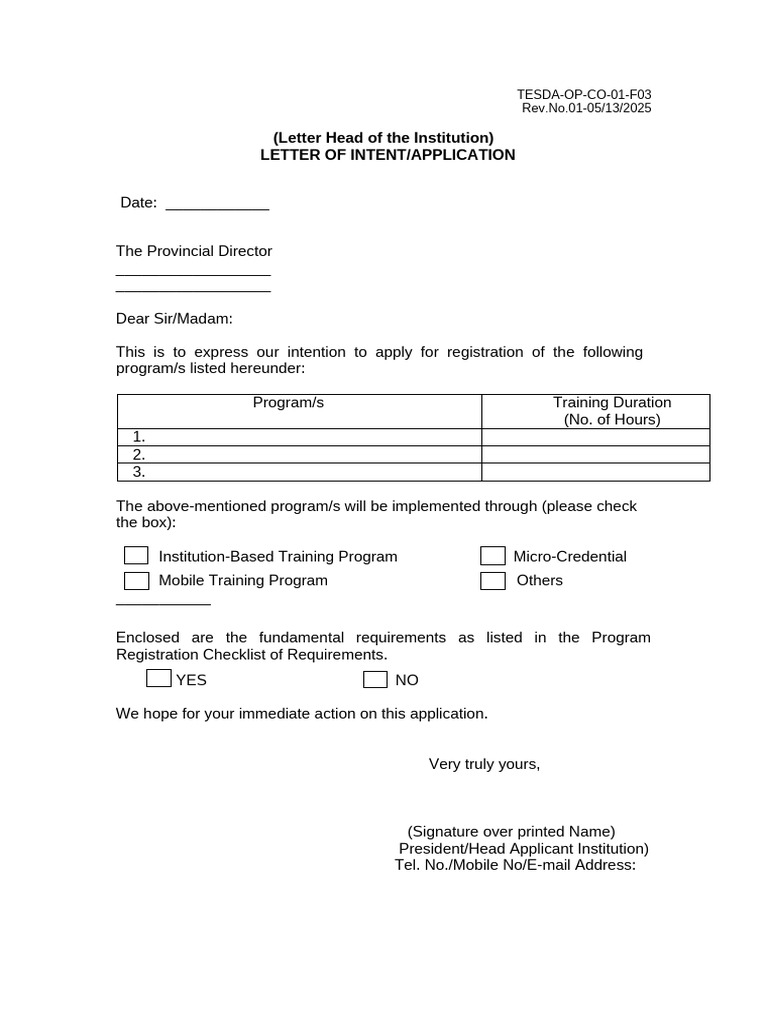 TESDA Program Registration Intent Letter | PDF