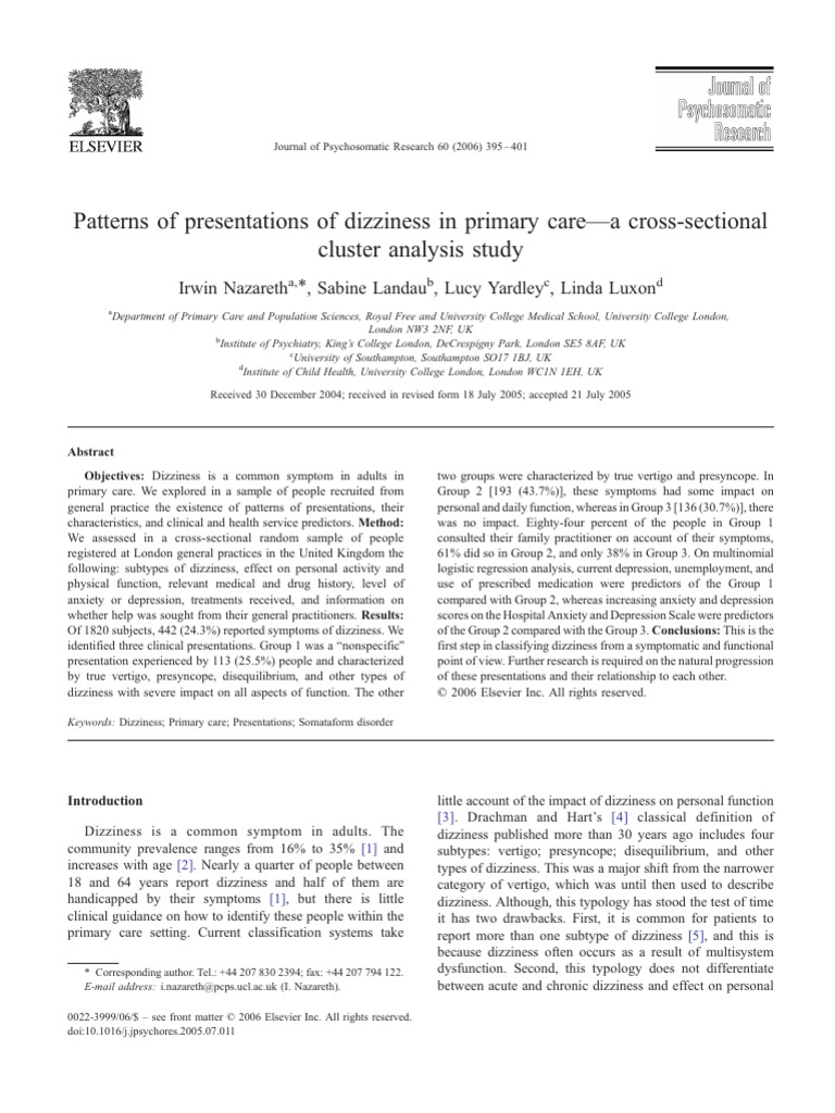 Dizziness Patterns in Primary Care Study | PDF | Major Depressive ...