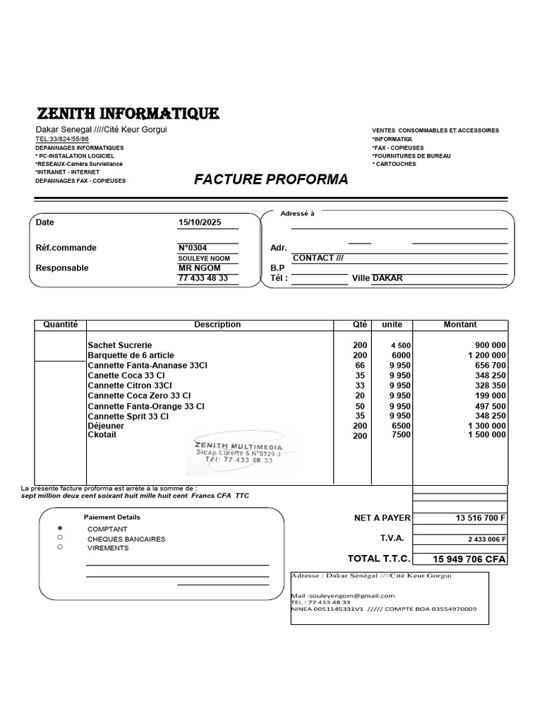Facture Proforma - Zenith Informatique Dakar | PDF