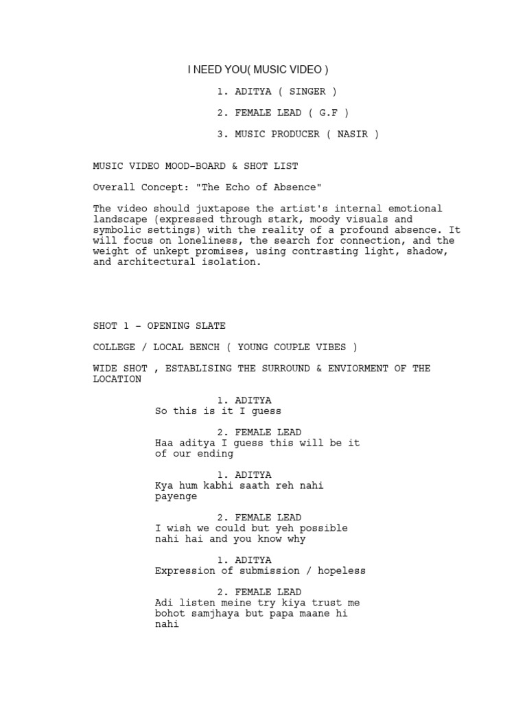 I Need You Music Video Script - Shot Details | PDF