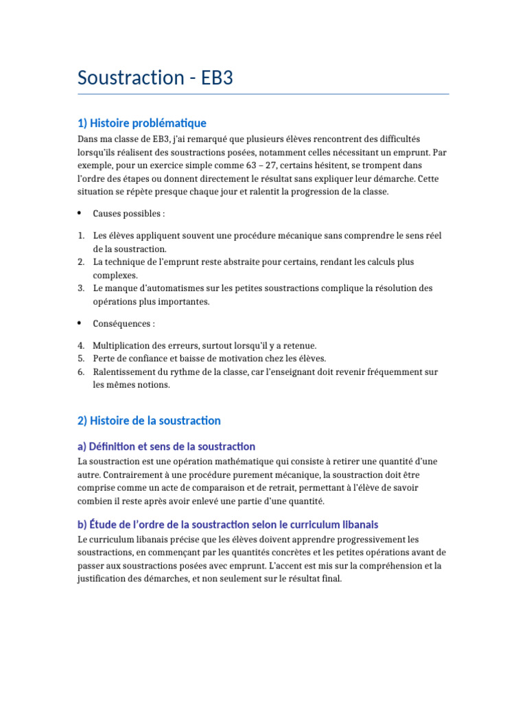 Difficultés en soustraction chez les élèves EB3 | PDF | Apprentissage ...