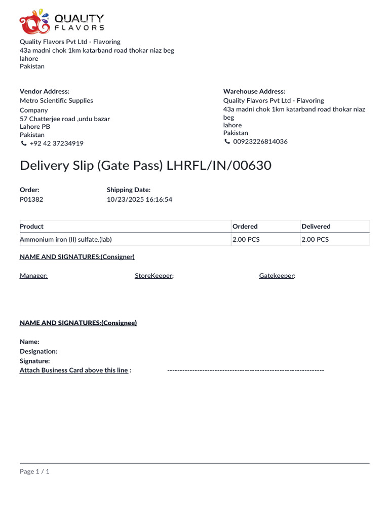 Delivery Slip - Metro Scientific Supplies Company - LHRFL - IN - 00630 ...
