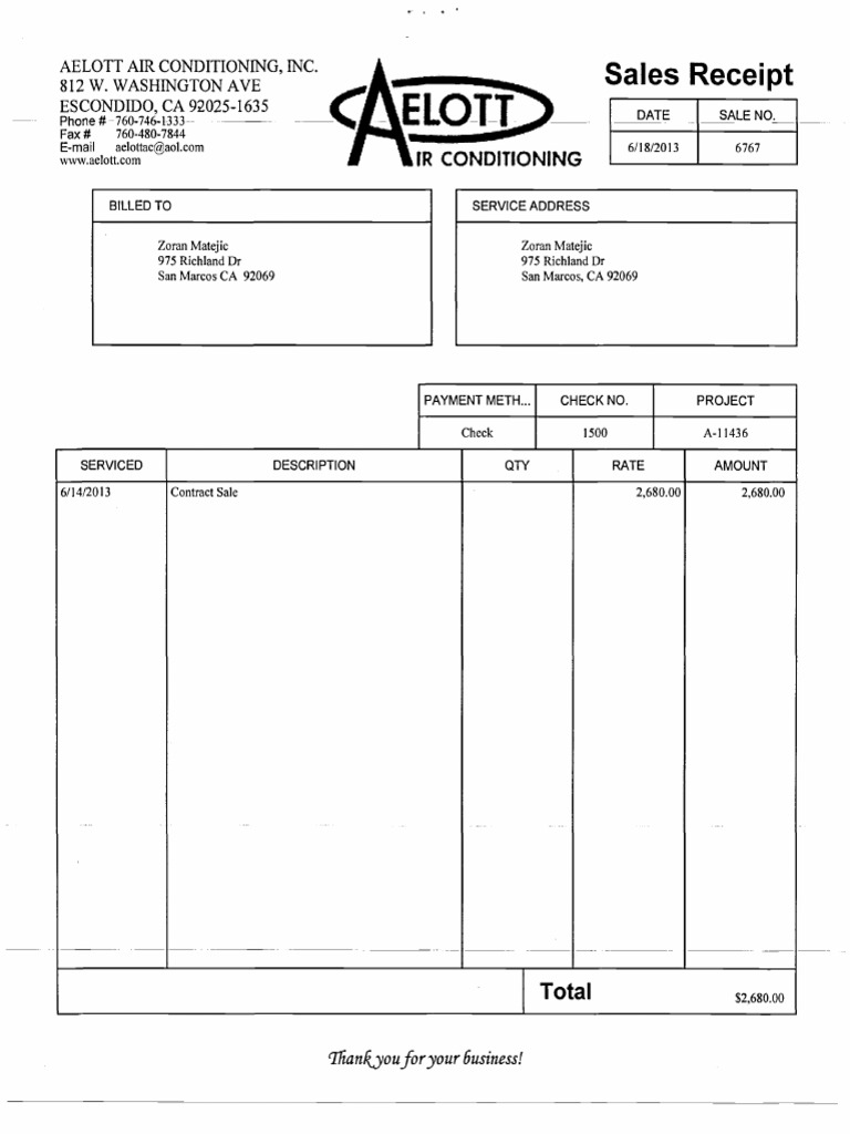 Aelott Air Conditioning Sales Receipt | PDF | Duct (Flow) | Electrical ...