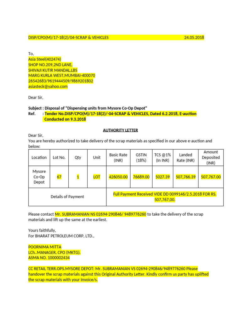 Scrap Disposal Authorization Letter | PDF