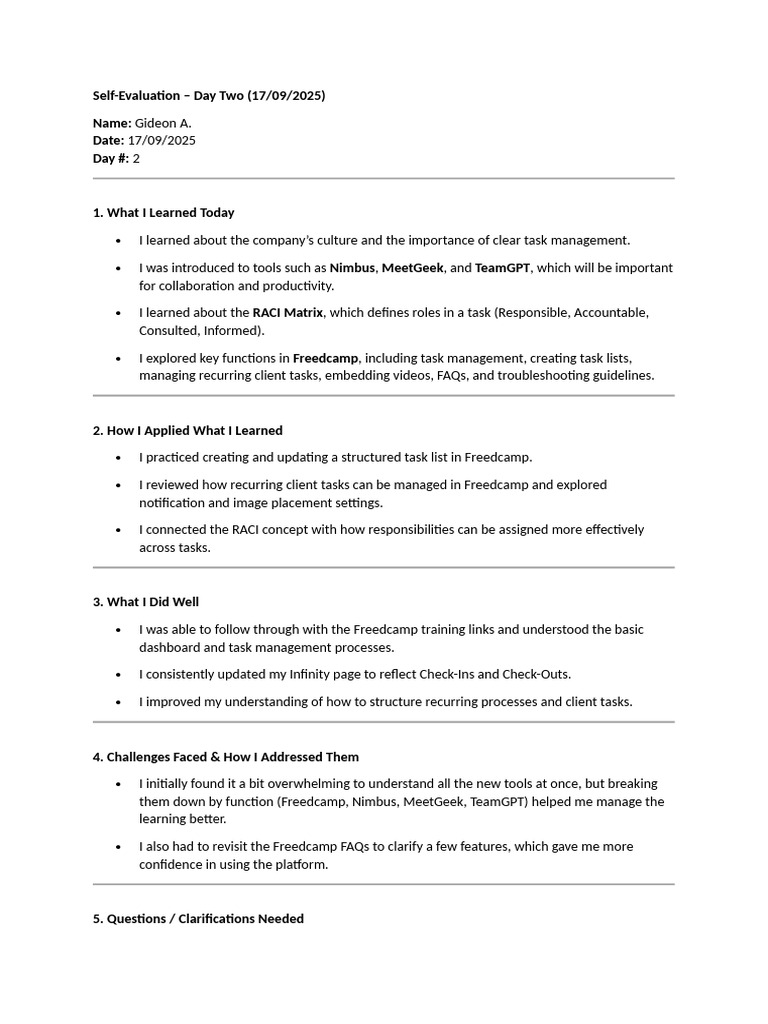 Self Evaluation For Day 2 | PDF
