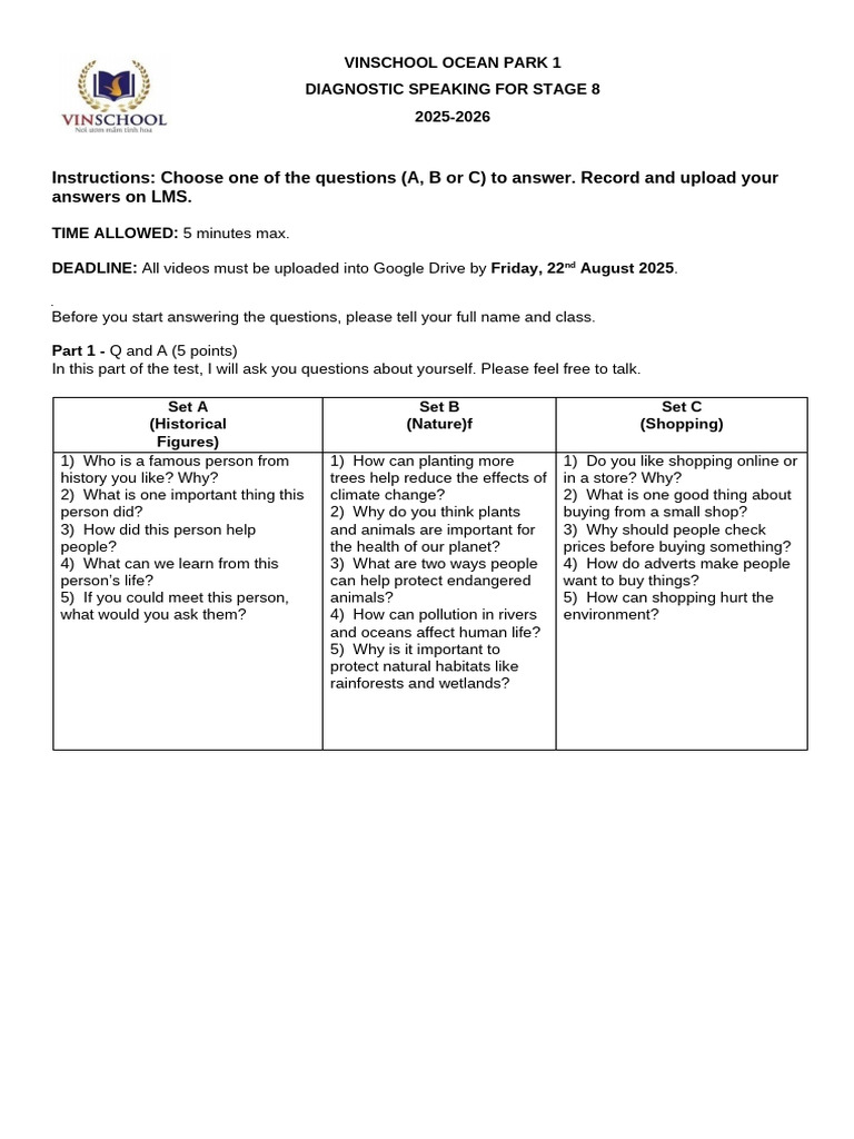 Vinschool Ocean Park Stage 8 Speaking Test | PDF | Nature | Earth Sciences