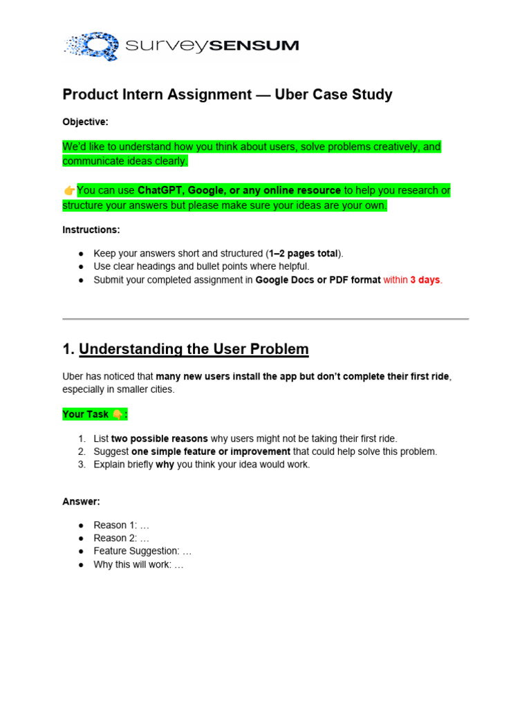 Uber Product Intern Case Study Guide | PDF
