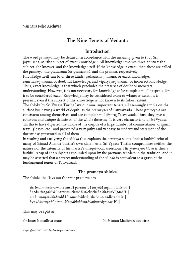 Nine Tenets of Vedanta (Brahmasutra) - Acharya - Vedabase | PDF ...