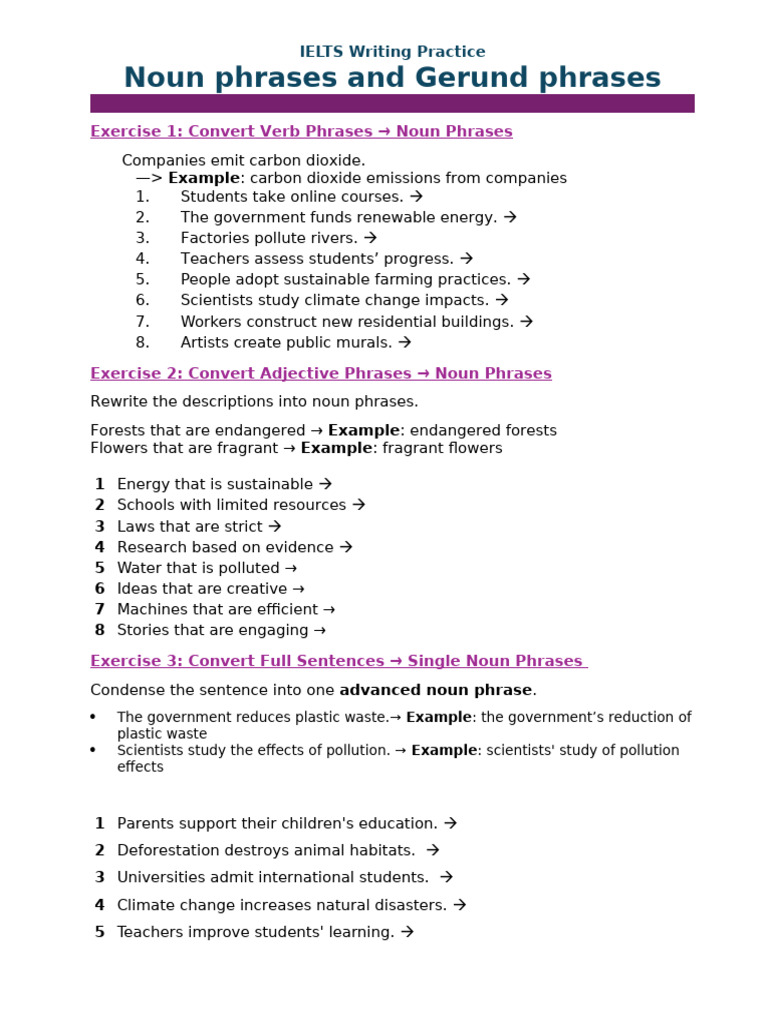 Practice Exercise - Noun Phrases and Gerund Phrases | PDF | Climate ...