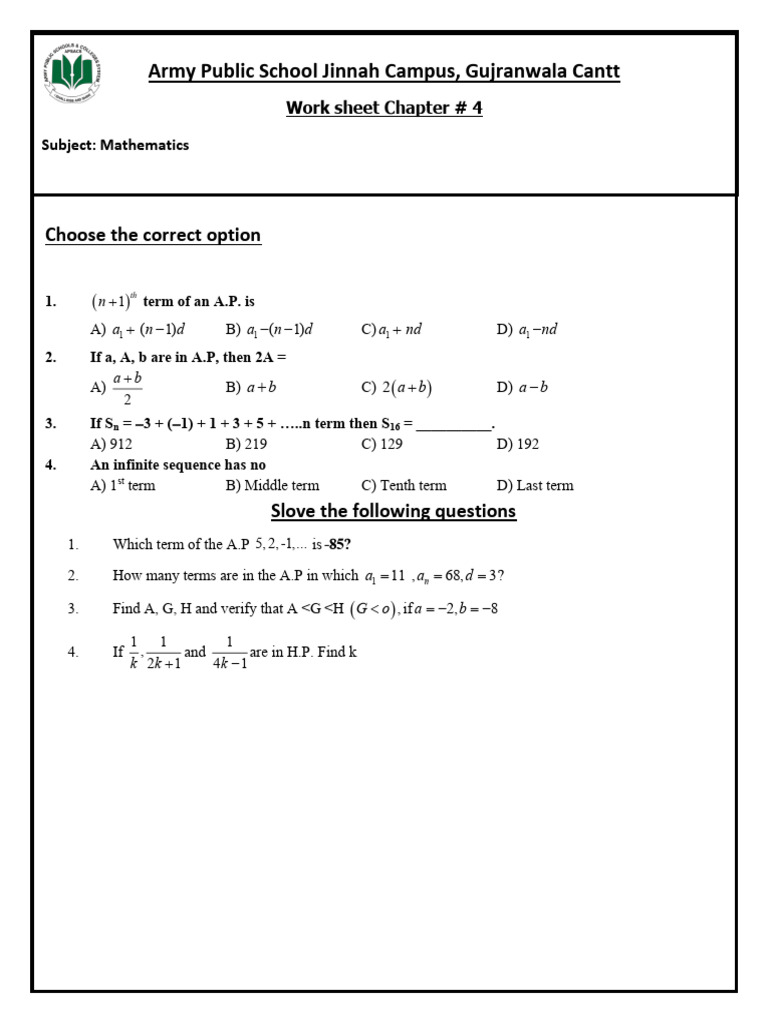 A.P. and G.P. Worksheet Solutions | PDF | Mathematics | Chess Theory