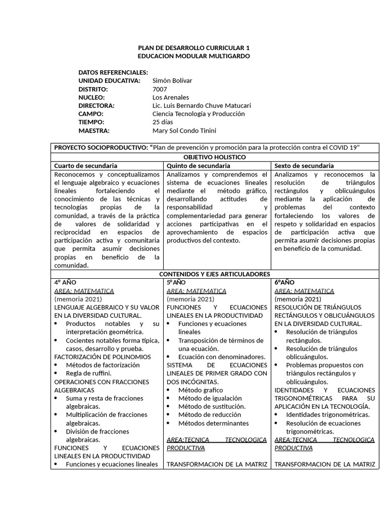 Plan de Desarrollo Curricular 1 Modular o Multigrado | PDF | Sistema de ...