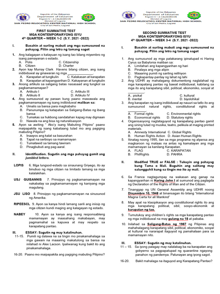 AP 10 - Summative Test - 4th Qtr. Week 1-8 | PDF