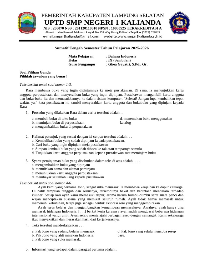 Soal Bahasa Indonesia Kelas IX SMP | PDF