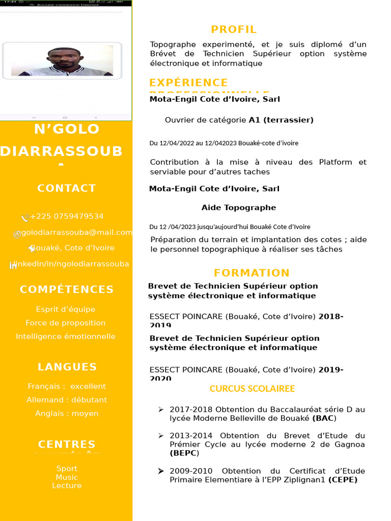 Profil de Topographe Expérimenté en Côte d'Ivoire | PDF | Niveaux d ...