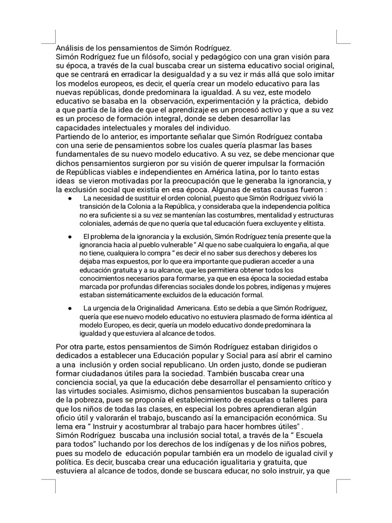 Pensamientos de Simón Rodríguez sobre Educación | PDF | Pensamiento ...