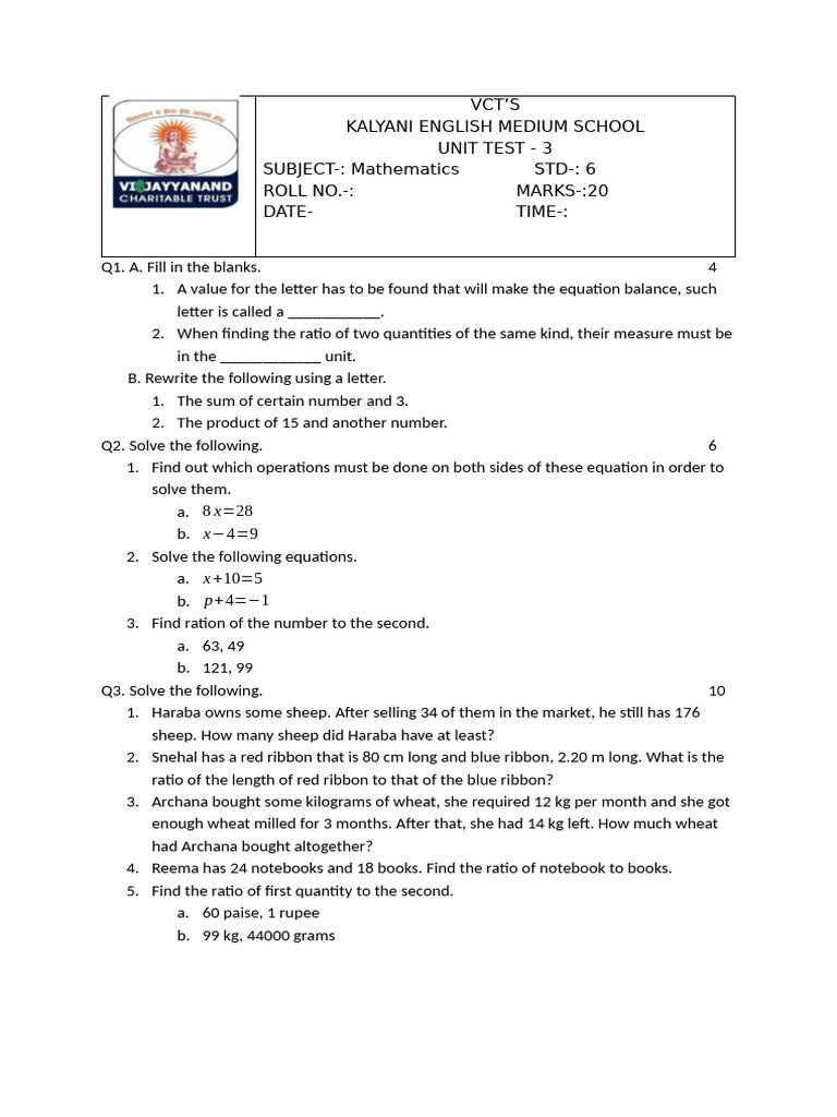 6th Grade Math Unit Test 3 | PDF